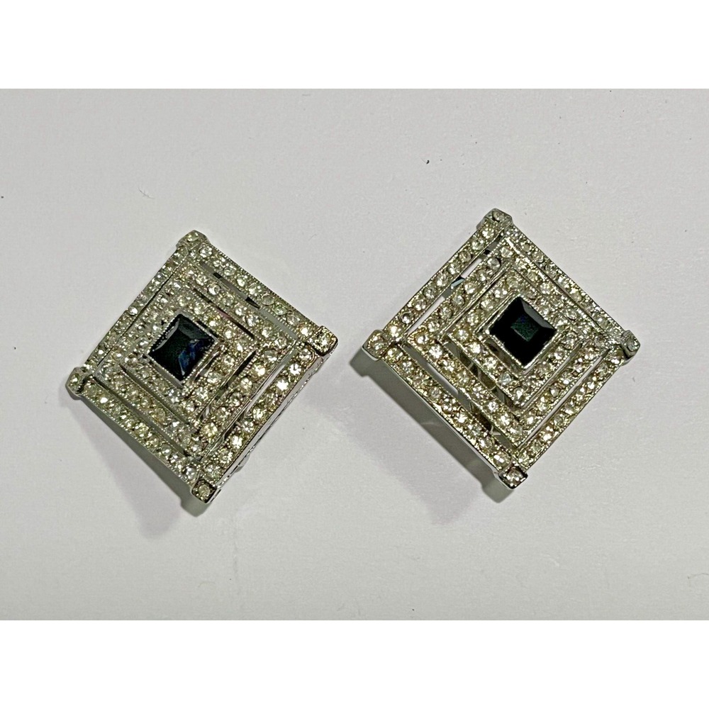 Vintage Rhombus Square Onyx and Rhinestone Clip On Earrings Beauty Fashion